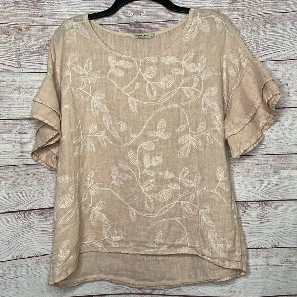 Linen Top Valentina Naldi Made in Italy Blush Embroidered Ruffle Sleeve Large - Picture 6 of 6